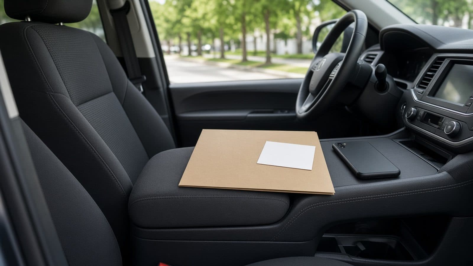 Midday car console with a blank folder, a blank card, and a phone face down