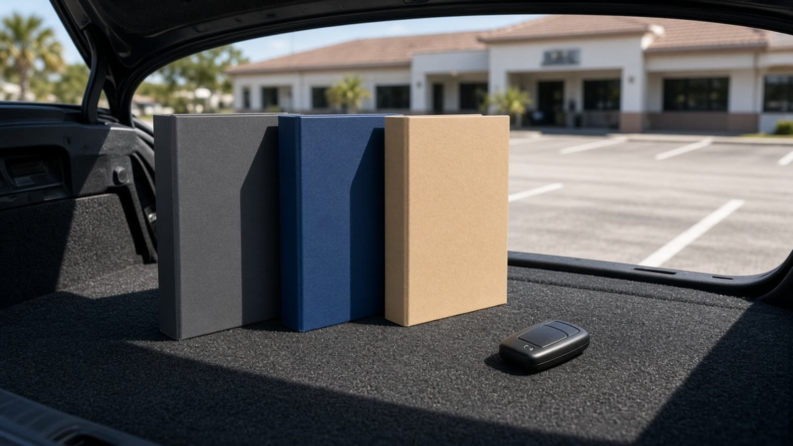 Wide midday view from the open trunk of a parked sedan: three unlabeled closed binders and a blank key fob, with a single-story roof across a sunny lot
