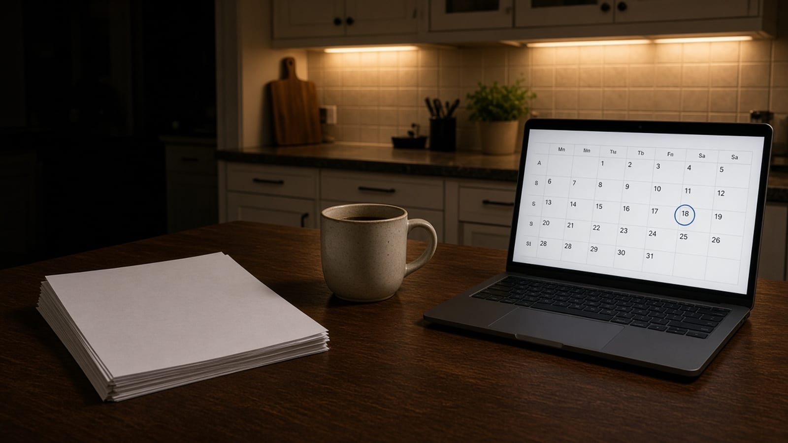 Kitchen table at night with a closing packet, coffee mug, and a laptop calendar with a date circled
