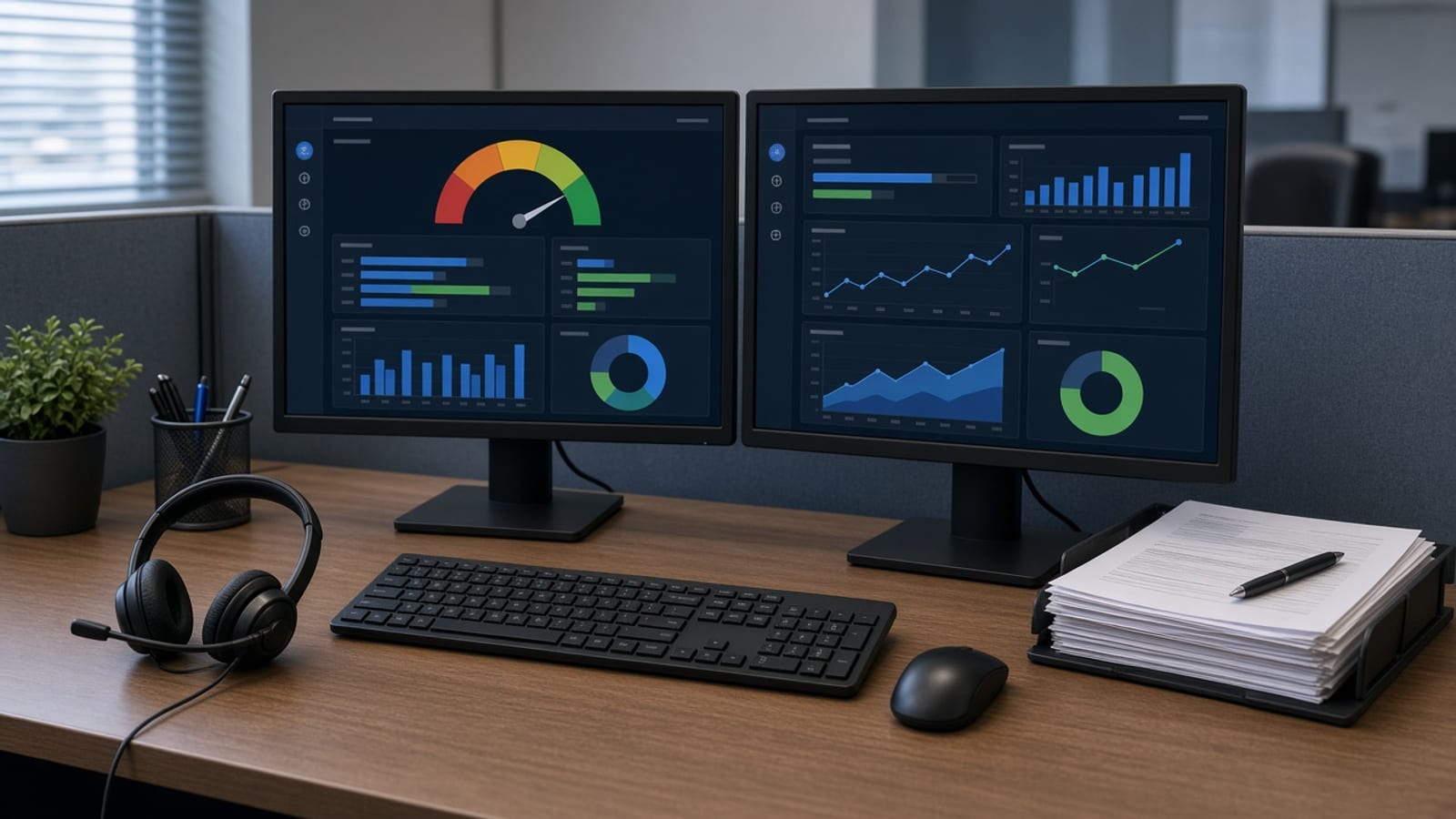 Mortgage lender workstation with dual monitors showing generic credit dashboards, a headset, and a loan file