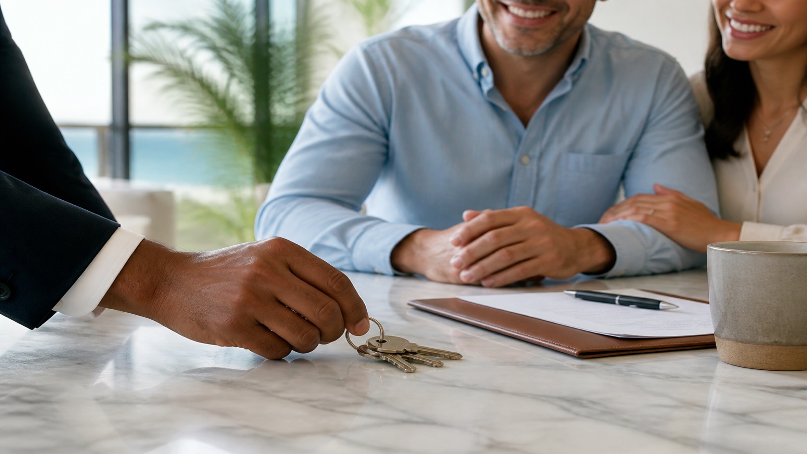 House keys being handed over on a Florida closing table next to a signed document folder
