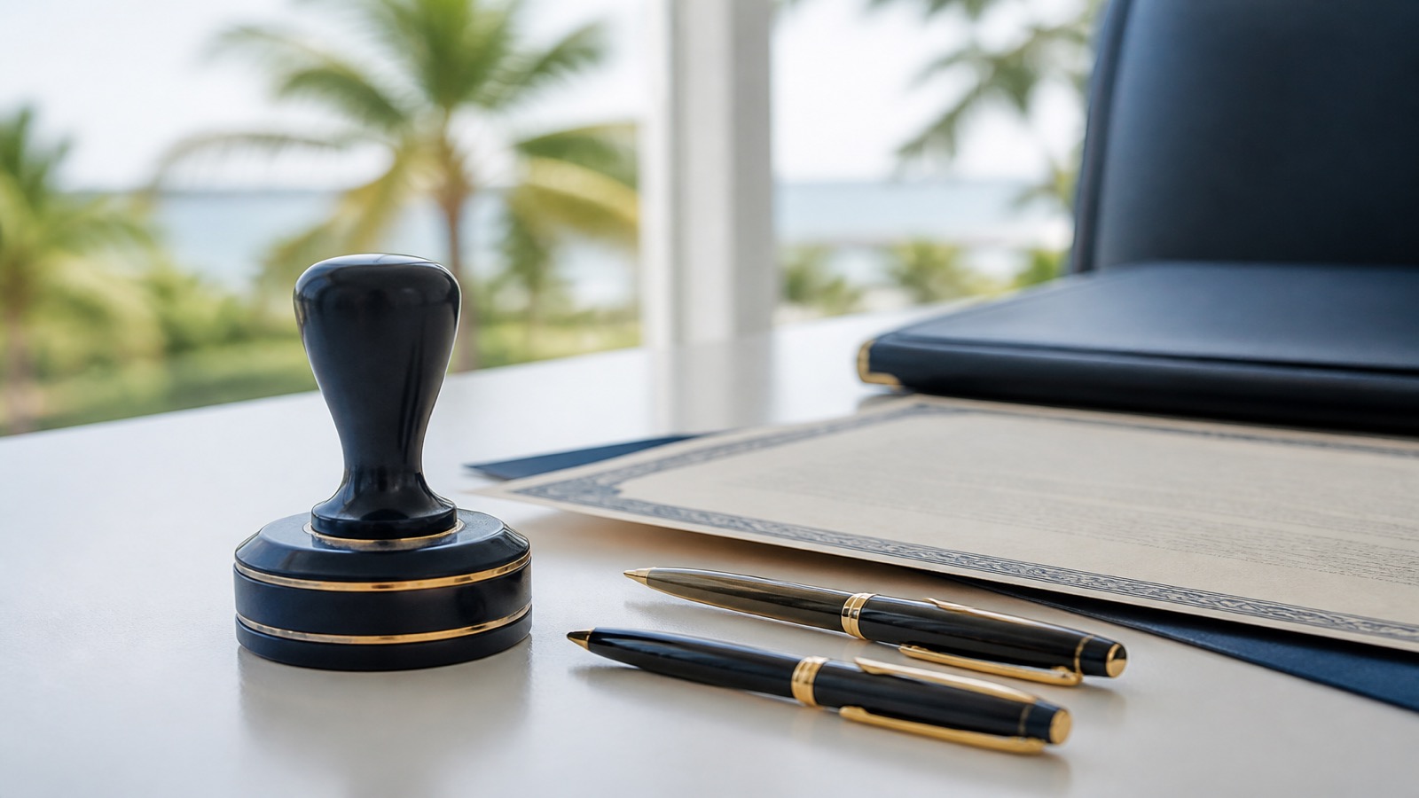 Notary stamp, pens, and a Florida deed prepared for witnessing and recording