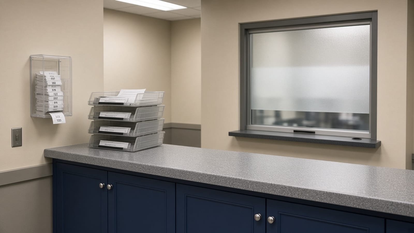 Municipal service counter with a ticket dispenser, document trays, and a frosted service window