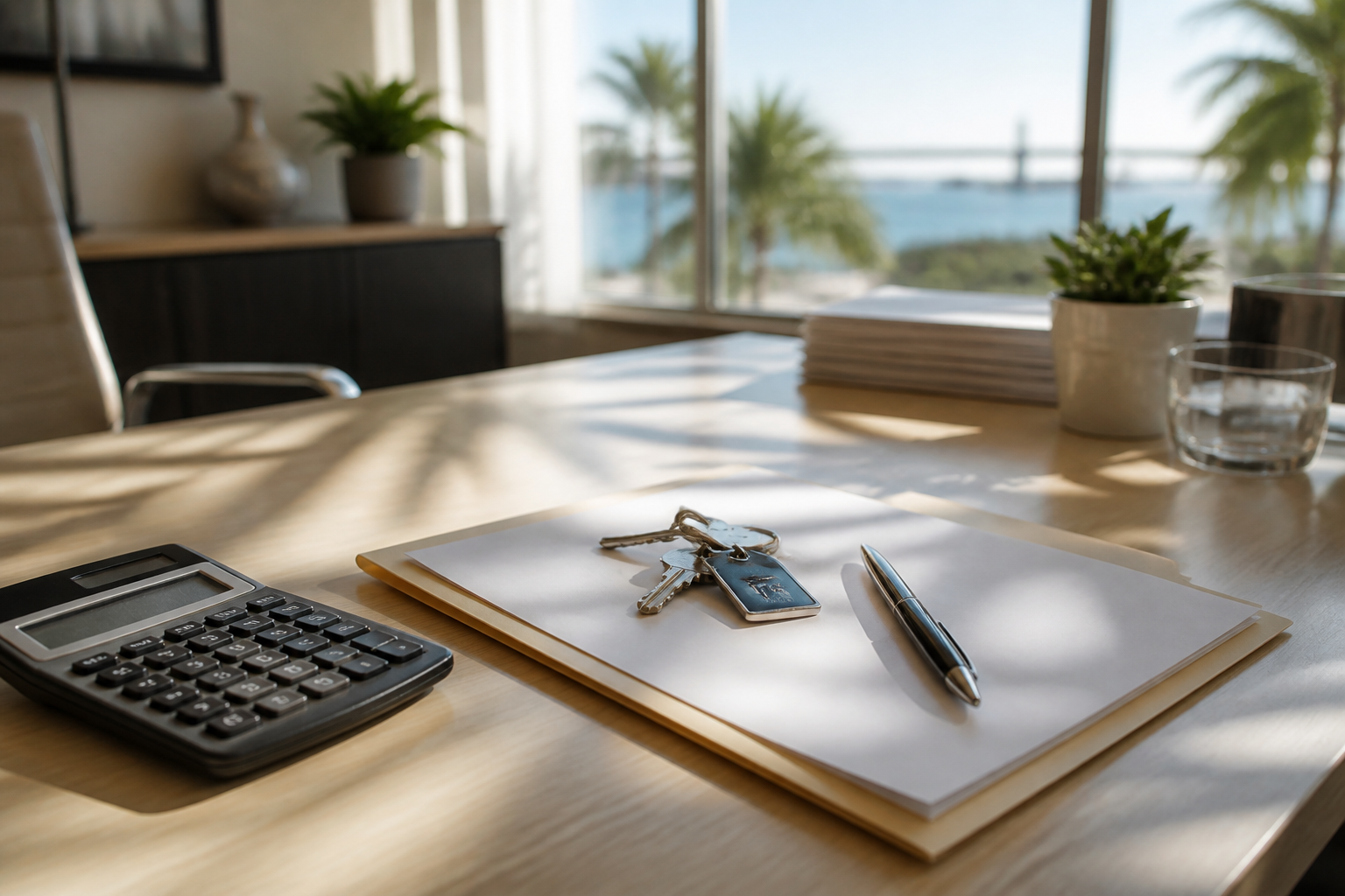 Florida title office desk with a calculator, title folder, and house keys used to estimate closing costs
