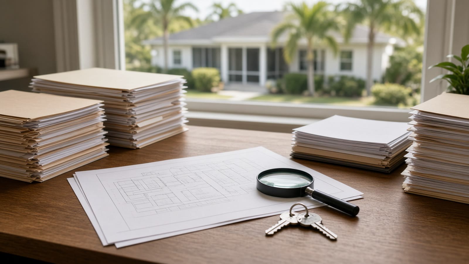Florida title office desk with property record folders, a plat printout, and house keys during a title search