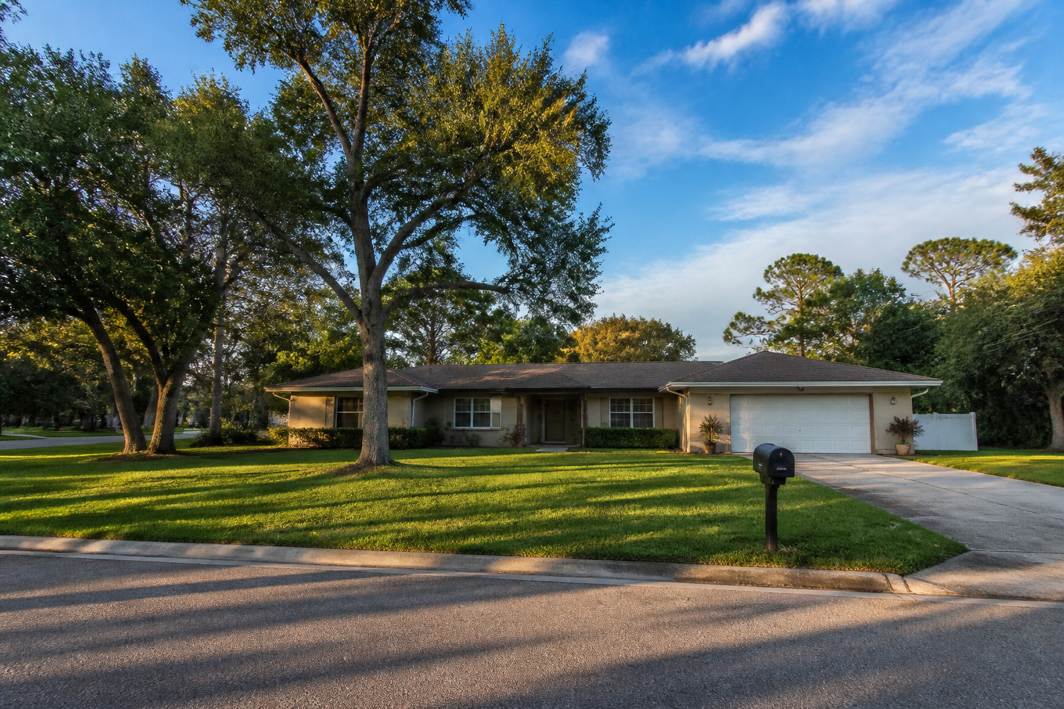 Single-story Florida home with oak trees in a Hernando County neighborhood