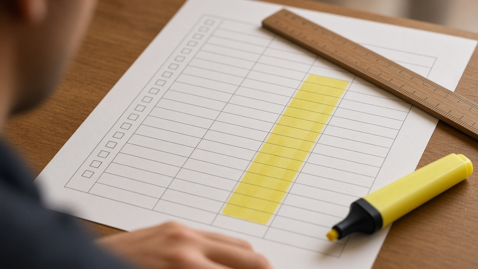 Over-the-shoulder view of a settlement statement with a ruler and yellow highlighter on debit and credit columns