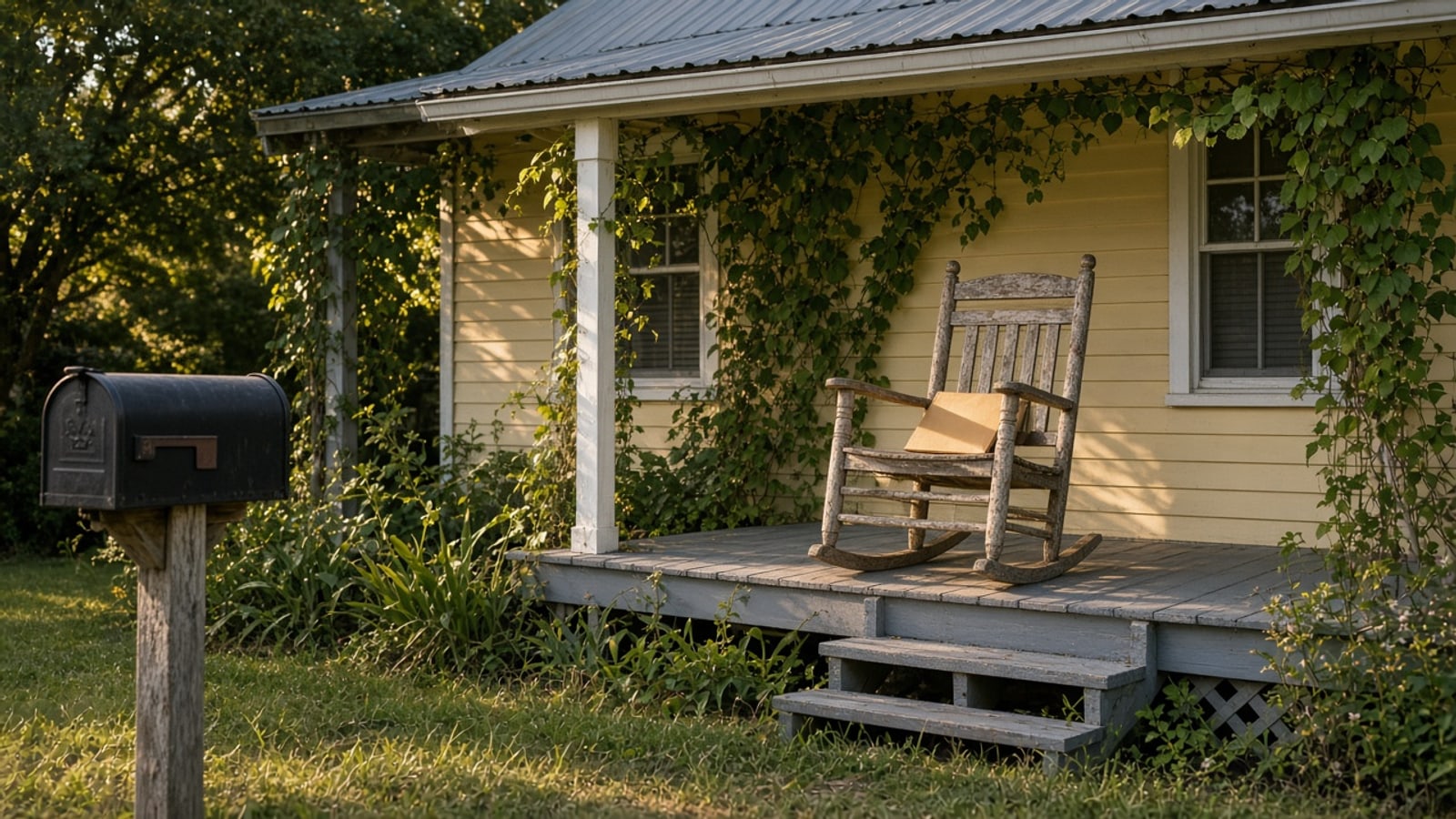 Yellow Florida cottage porch with a rocking chair, a closed folder, and a rural mailbox in late-afternoon light