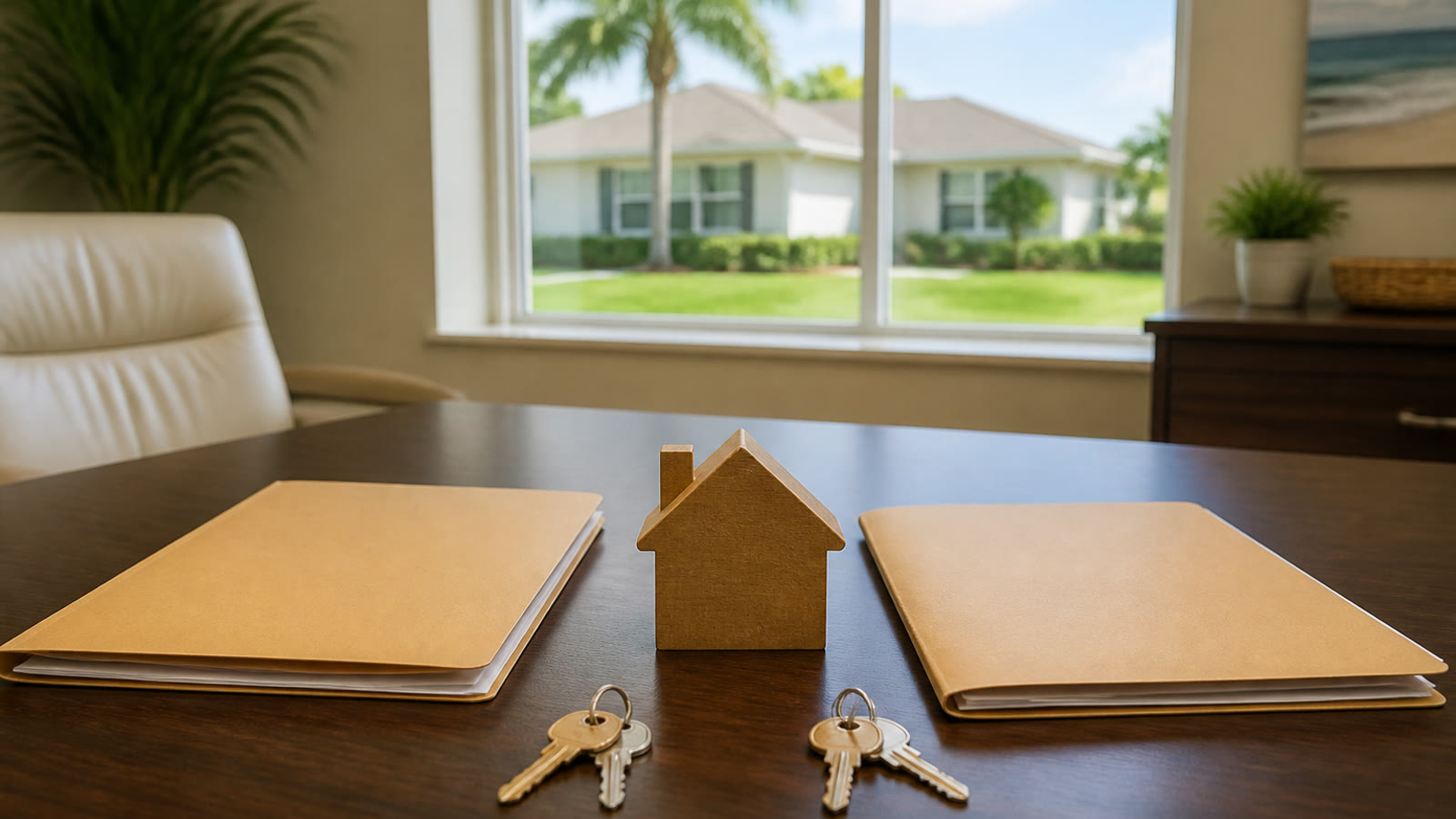 Two closing folders and house keys on a Florida title desk, representing owner's and lender's title insurance