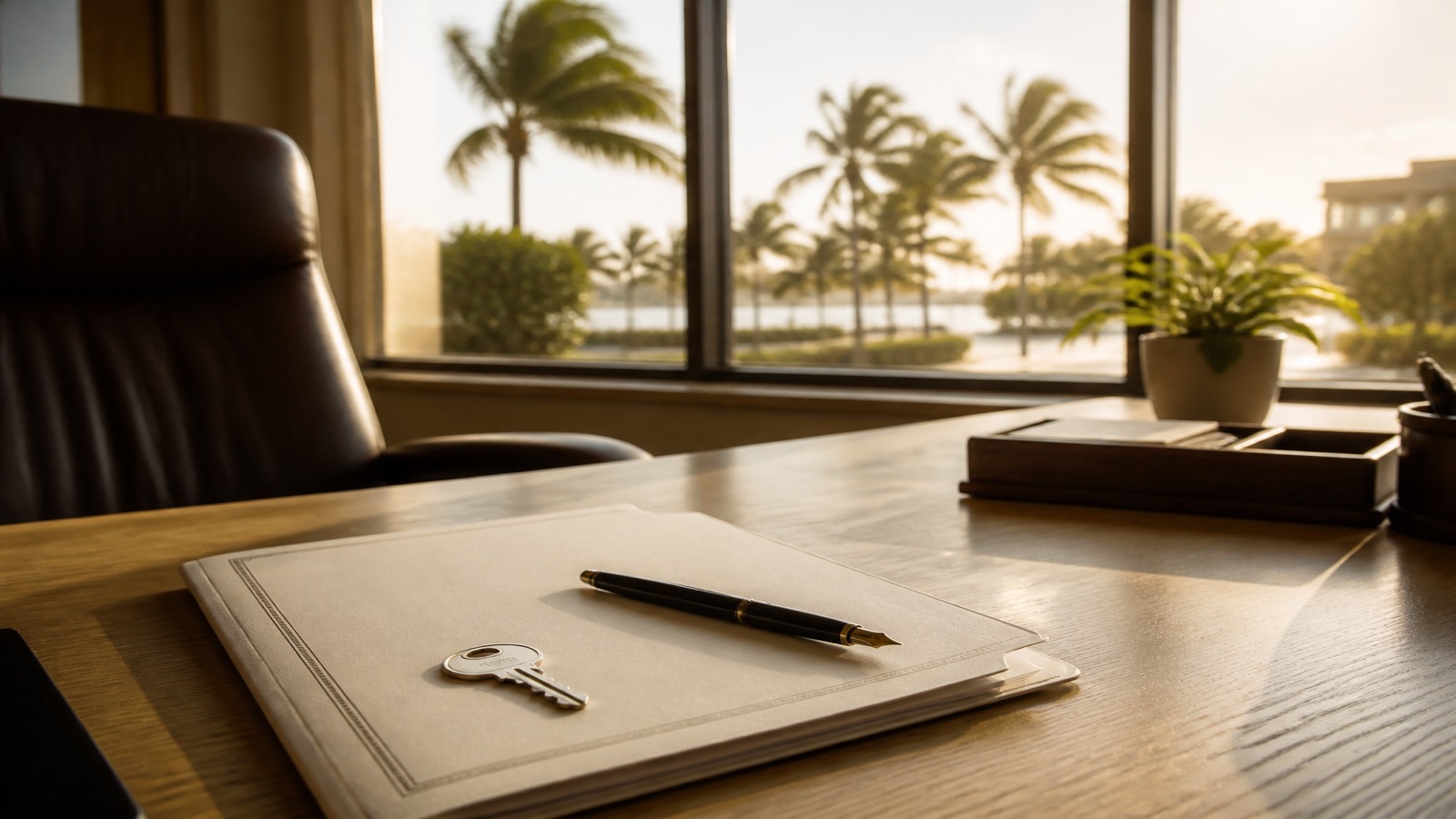 Florida title office desk with a deed folder, house key, and pen prepared for a quitclaim deed signing