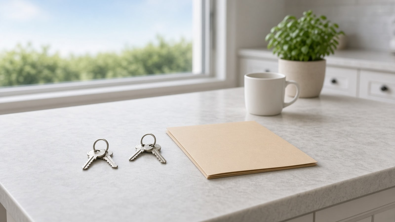 Two house keys set apart on a kitchen island next to a closed folder in morning light