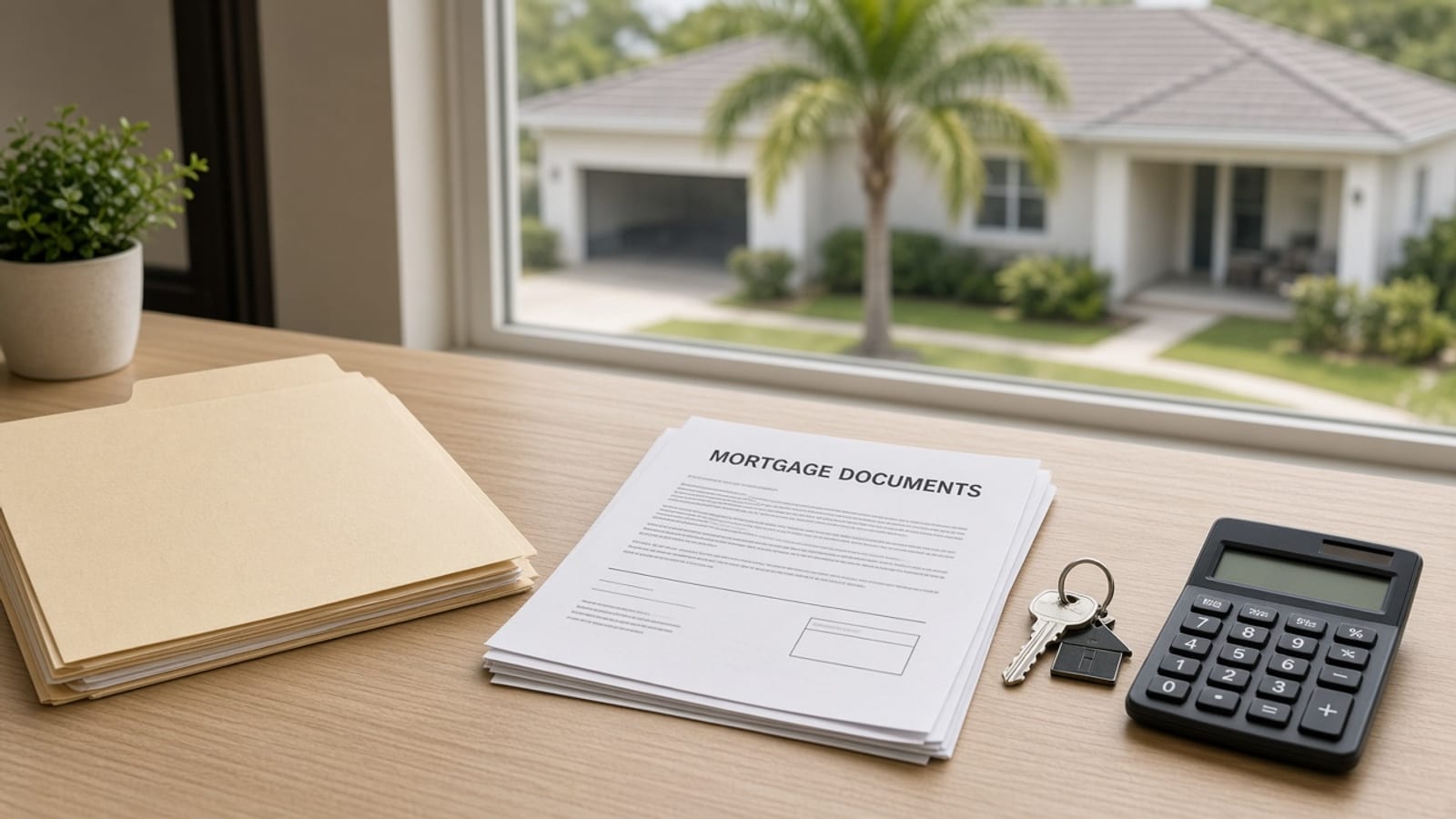 Florida title desk with a refinance mortgage packet, house key, calculator, and prior policy folder, with a suburban home outside the window