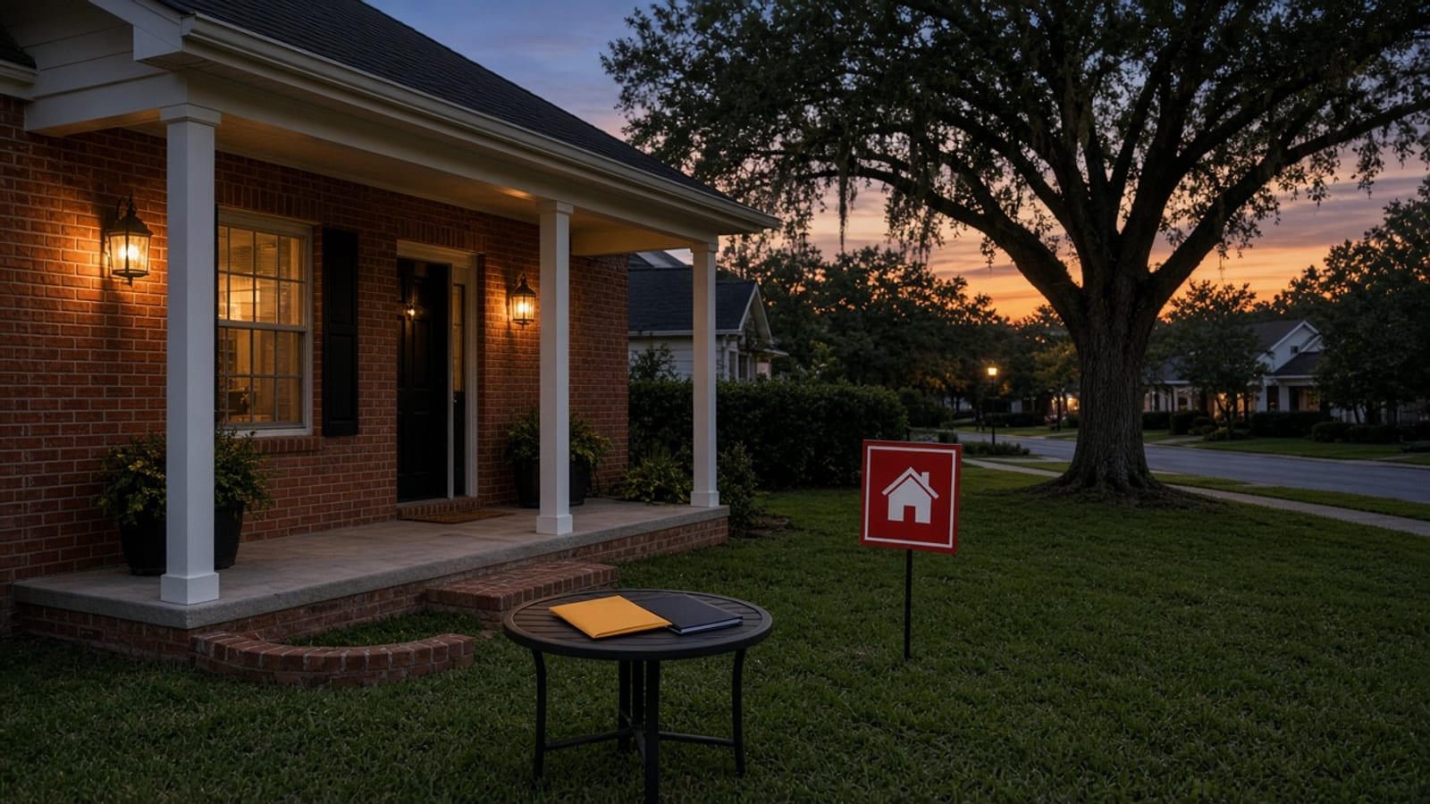 Dusk on a Florida brick porch with a sold-style yard sign and a cash-sale envelope on an outdoor table
