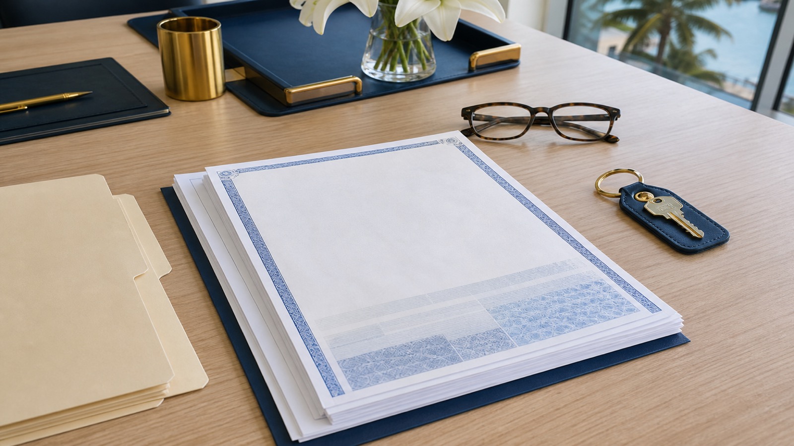 Title documents, house keys, and a folder arranged on a Florida title office desk during a property records review