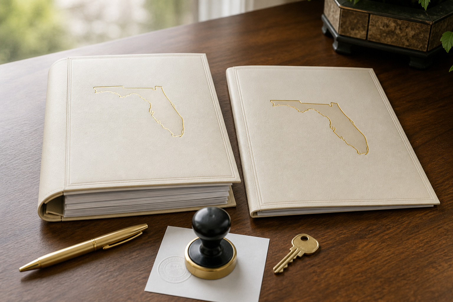 Two Florida deed folders on a title desk with a notary stamp and house key