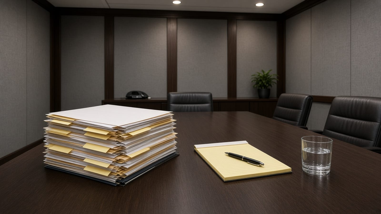 Conference table with a stacked claim file, legal pad, and water glass in a meeting room