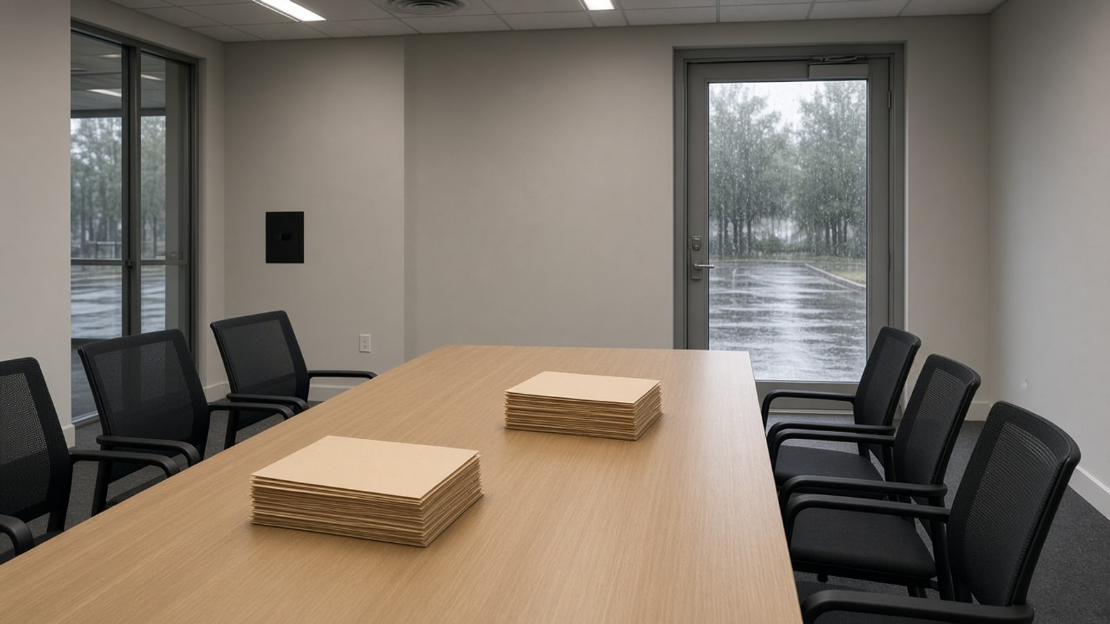 Empty closing table with stacked folders and rain on the glass door, no keys on the table