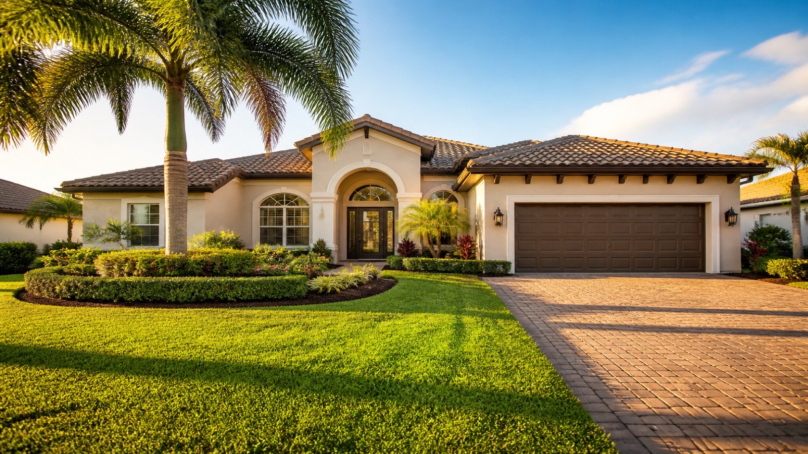 Sunlit Florida suburban home with a palm tree and driveway, representing a property protected by title insurance