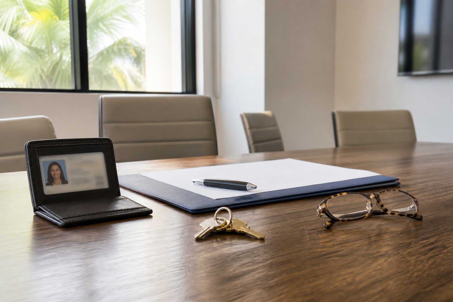 Florida closing table with a photo ID, house key, and document folder ready for signing