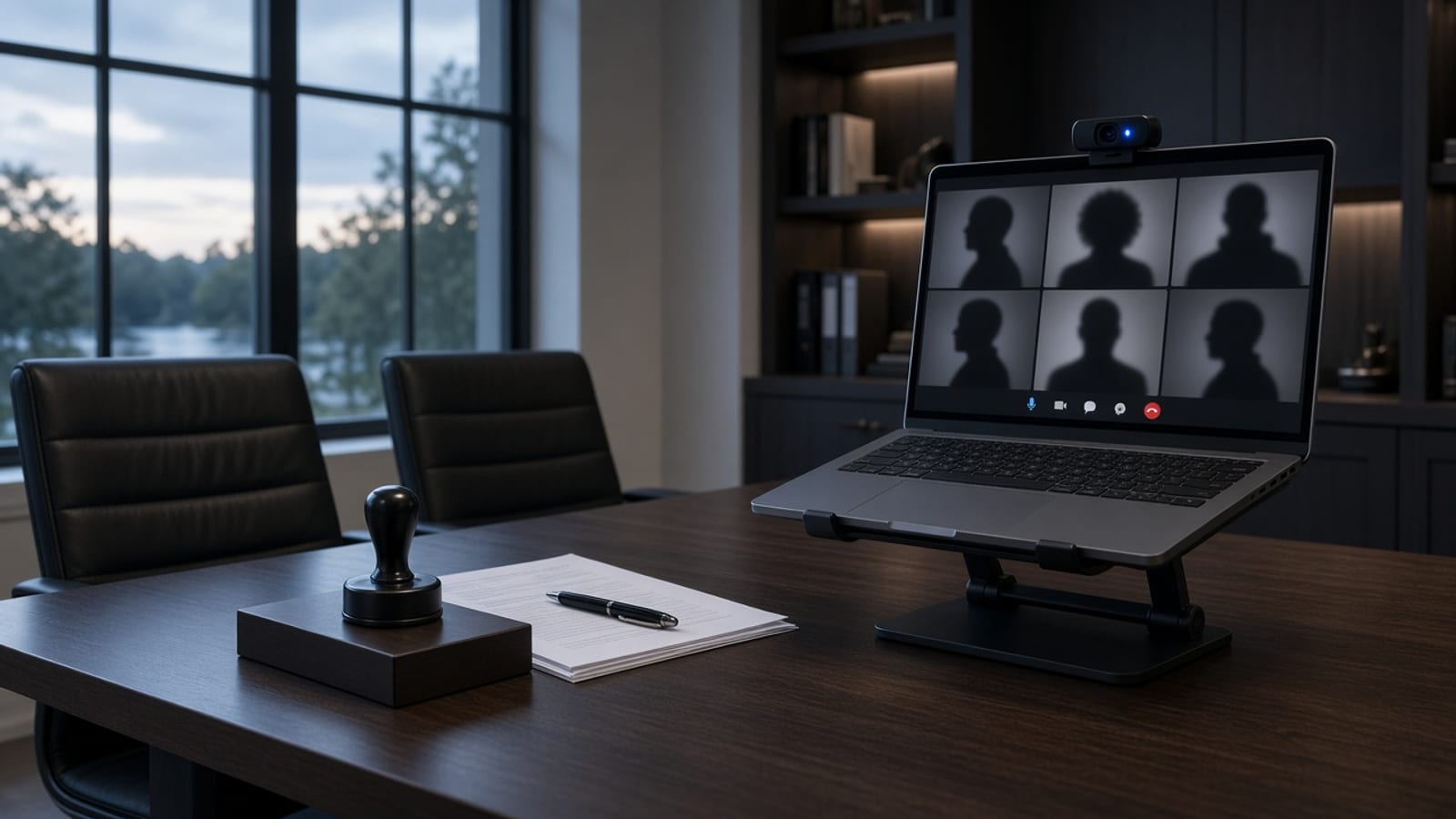 Closing table with a notary stamp and empty chairs beside a laptop on a video signing call