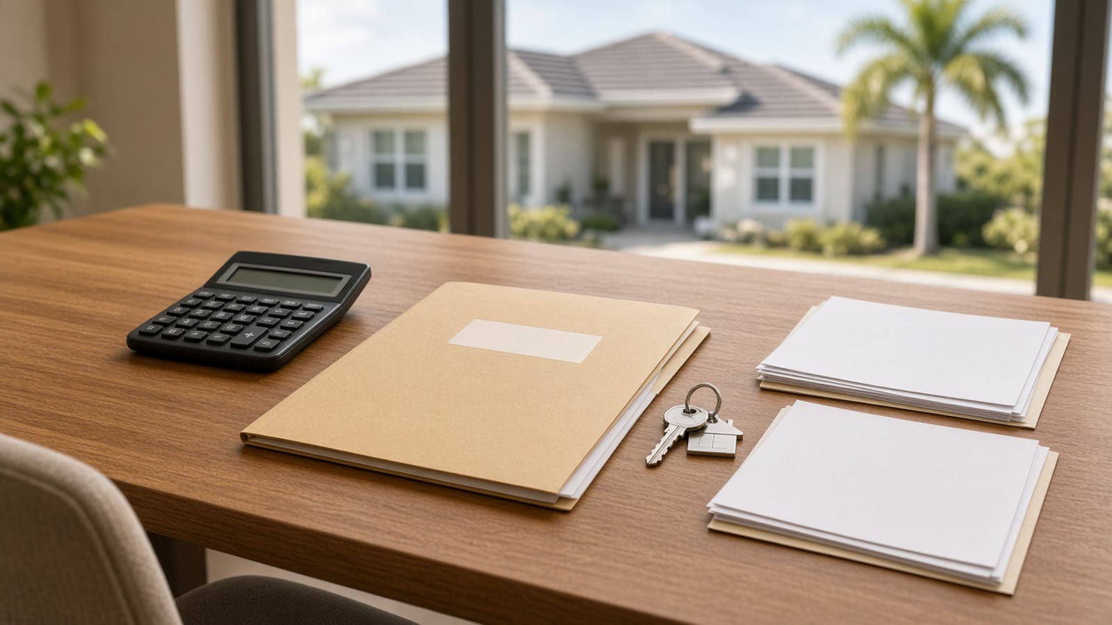 Florida title office desk with a purchase contract, calculator, and house keys used to review who pays closing costs