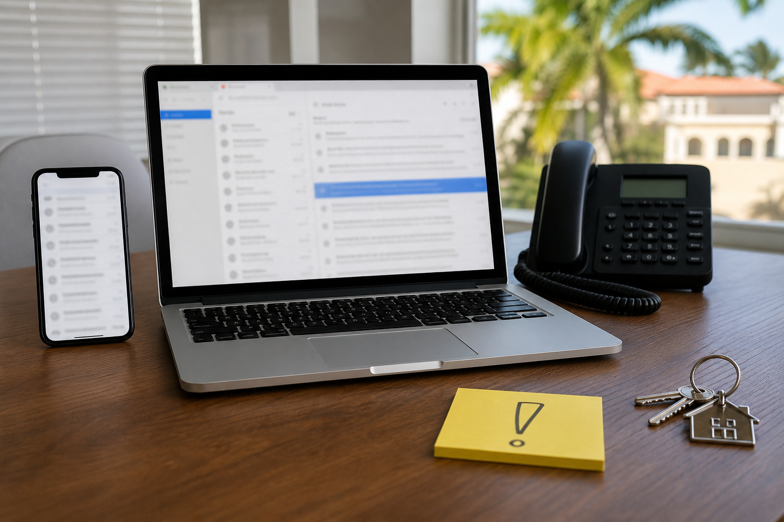 Phone and laptop on a desk used to verify Florida title company wiring instructions before sending money